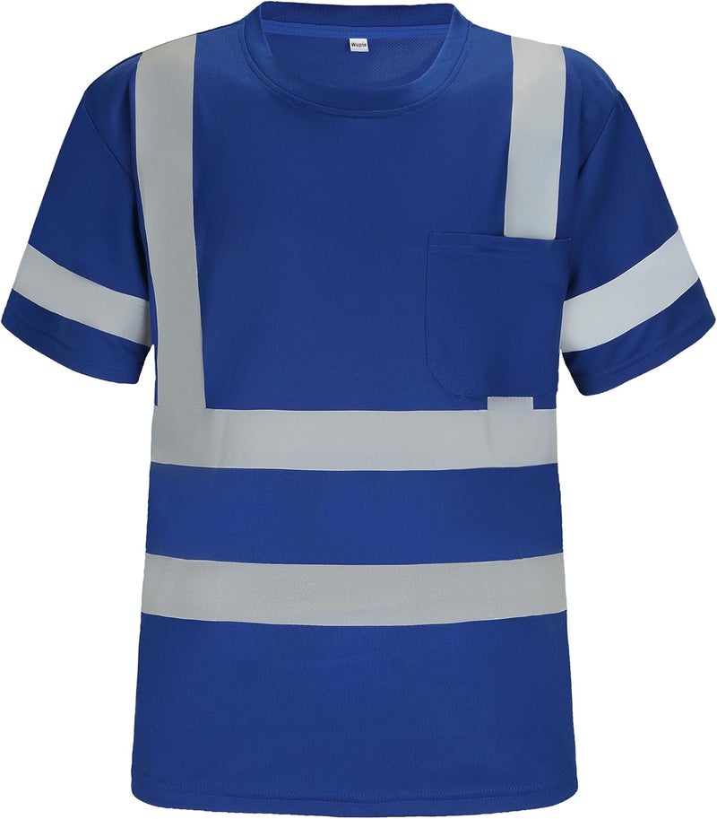 Wuple Store Safety Shirts for Men Construction Short Sleeve Quick Dry with Pocket Workwear, Class 3 High Visibility Shirts with Reflective Strips Blue S - Image 2